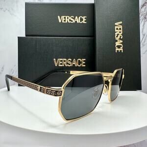 New VERSACE Sunglasses Gold Metal Greca Logo Rectangle Black Gray VERSACE VE4360 GRECA Black Gold Medusa Logo Head Rimless  main image 2